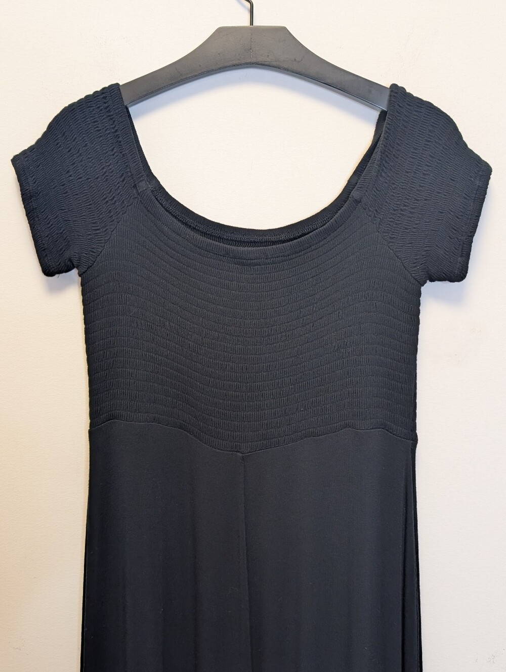 Express Black Maxi Dress Smocked Textured Bodice Dramatic Double Slit Stretchy M - Picture 11 of 13